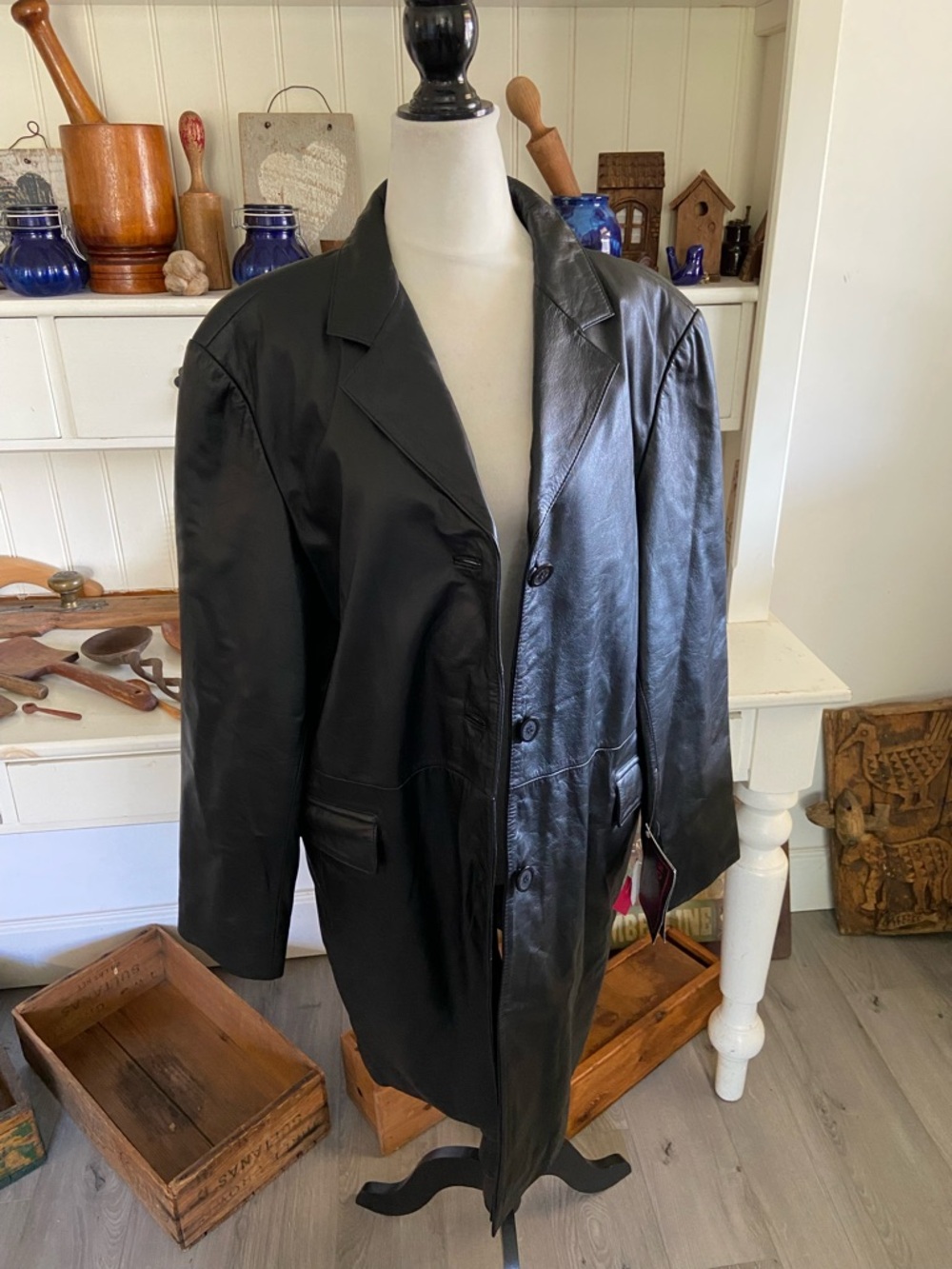 Long Black Leather Button-Front Blazer